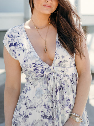 Purple and Blue Floral Short Sleeve Maxi Dress
