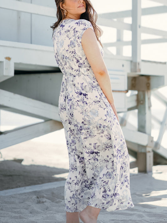 Purple and Blue Floral Short Sleeve Maxi Dress