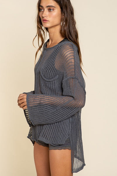 Grey Mesh See Through Boat Neck Sweater