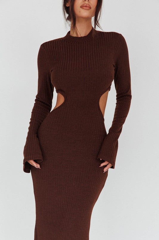 Chocolate Brown Long Sleeves with Flared Cuffs Open Back Knit Maxi Dress