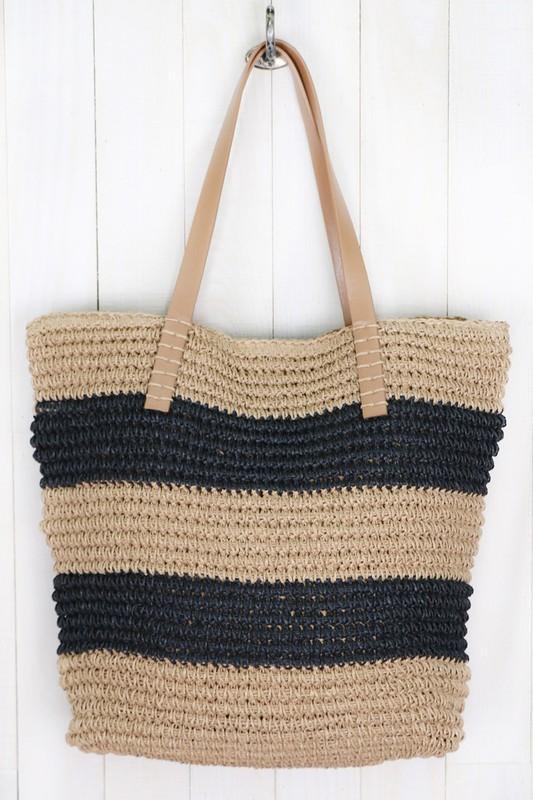Straw Striped Crochet Tote Bag-Black/Brown-Dakotas Boutique