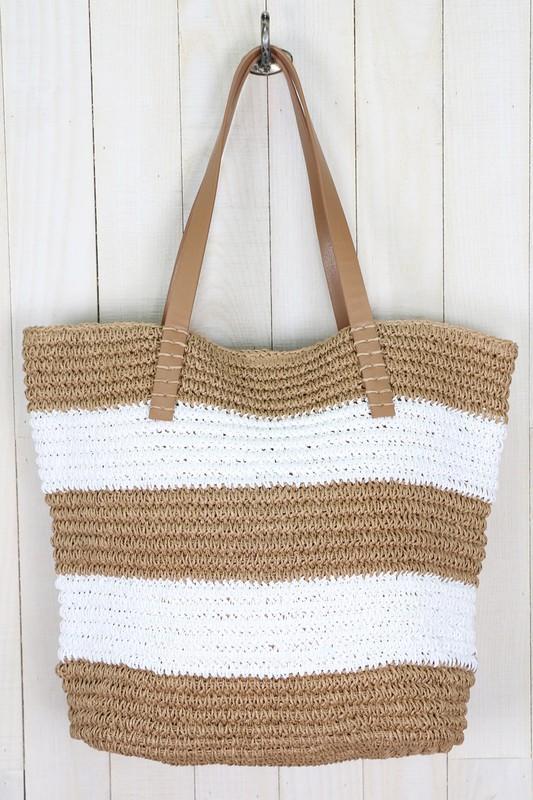 Straw Striped Crochet Tote Bag-White/Brown-Dakotas Boutique