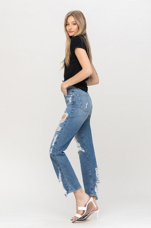 Super High Rise Tattered Ankle Straight Jeans