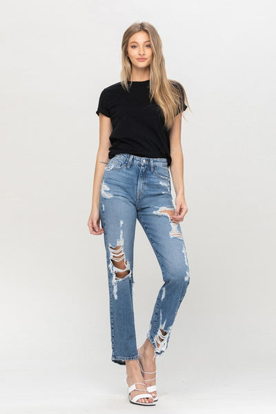 Super High Rise Tattered Ankle Straight Jeans