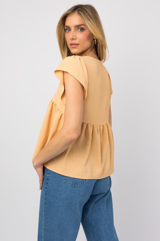 Ruffle Sleeve V-neck Shirring Apricot Top-Dakotas Boutique