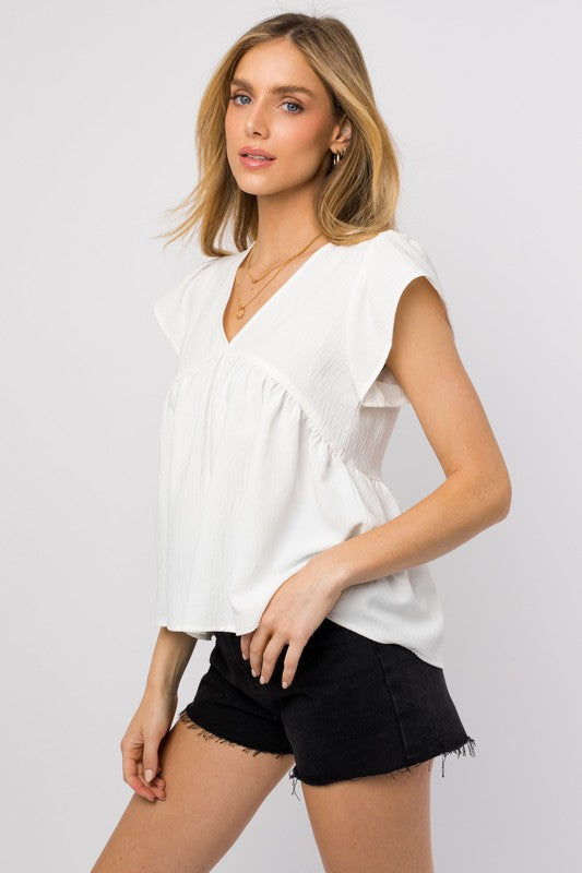 Ruffle Sleeve V-neck Shirring White Top-Dakotas Boutique