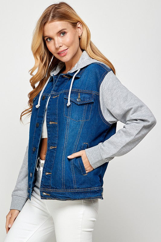 Women s Denim Jacket with Grey Sweatshirt Sleeves Hoodie