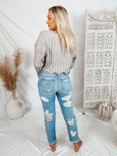 Grey Ribbed Cropped Sweater-Dakotas Boutique
