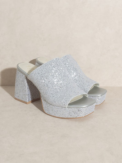 Crystal Silver Sparkle Open Toe Mule Heels
