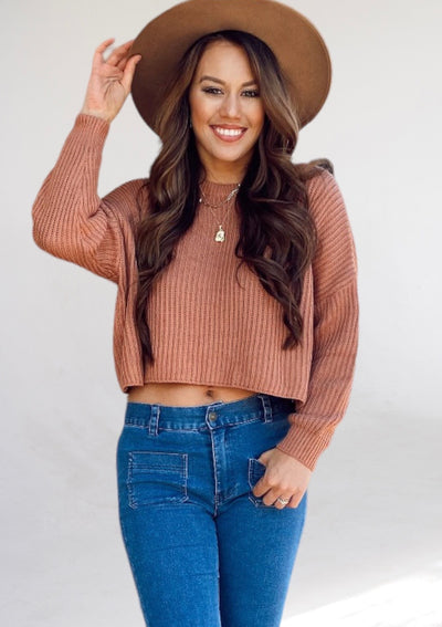 Amber Topaz Brown Crop Sweater-Dakotas Boutique