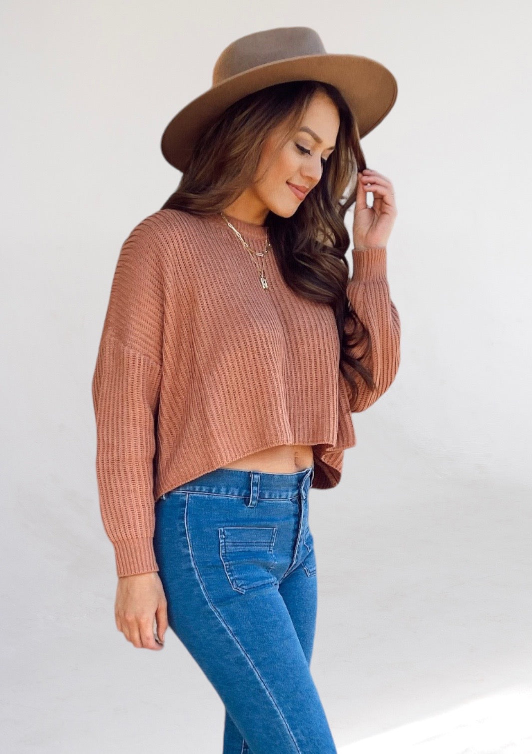 Amber Topaz Brown Crop Sweater-Dakotas Boutique