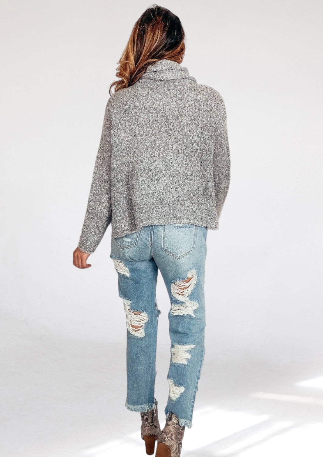 Aspen Heather Grey Slouchy Turtleneck Sweater-Dakotas Boutique
