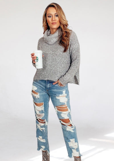 Aspen Heather Grey Slouchy Turtleneck Sweater-Dakotas Boutique