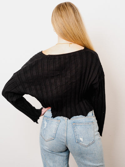 Black Ribbed Cropped Sweater-Dakotas Boutique