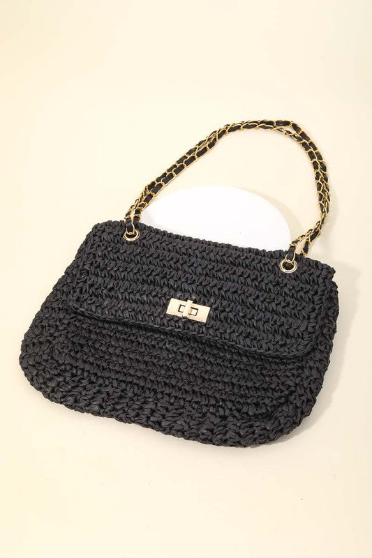 Black Straw Shoulder Bag-Dakotas Boutique