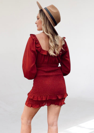 Crimson Red Smock Long Sleeve Dress-Dakotas Boutique