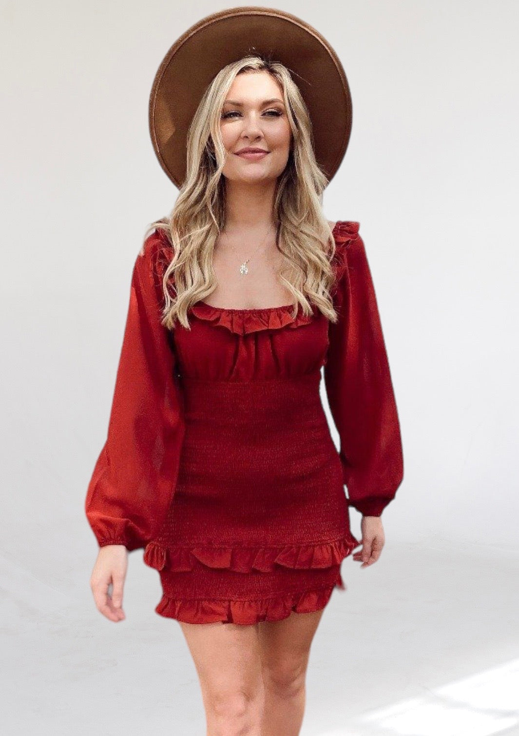 Crimson Red Smock Long Sleeve Dress-Dakotas Boutique