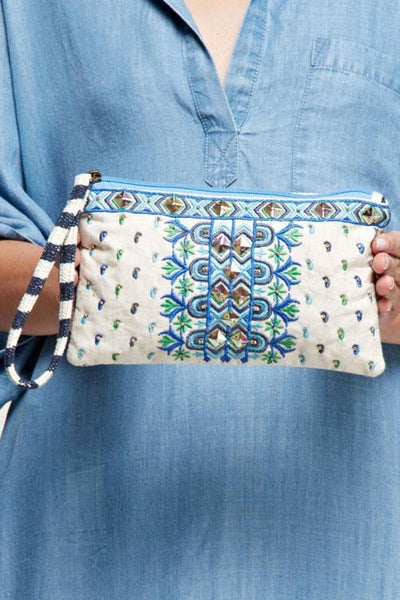 Blue & Cream Striped Mayan Make Up Bag-Dakotas Boutique