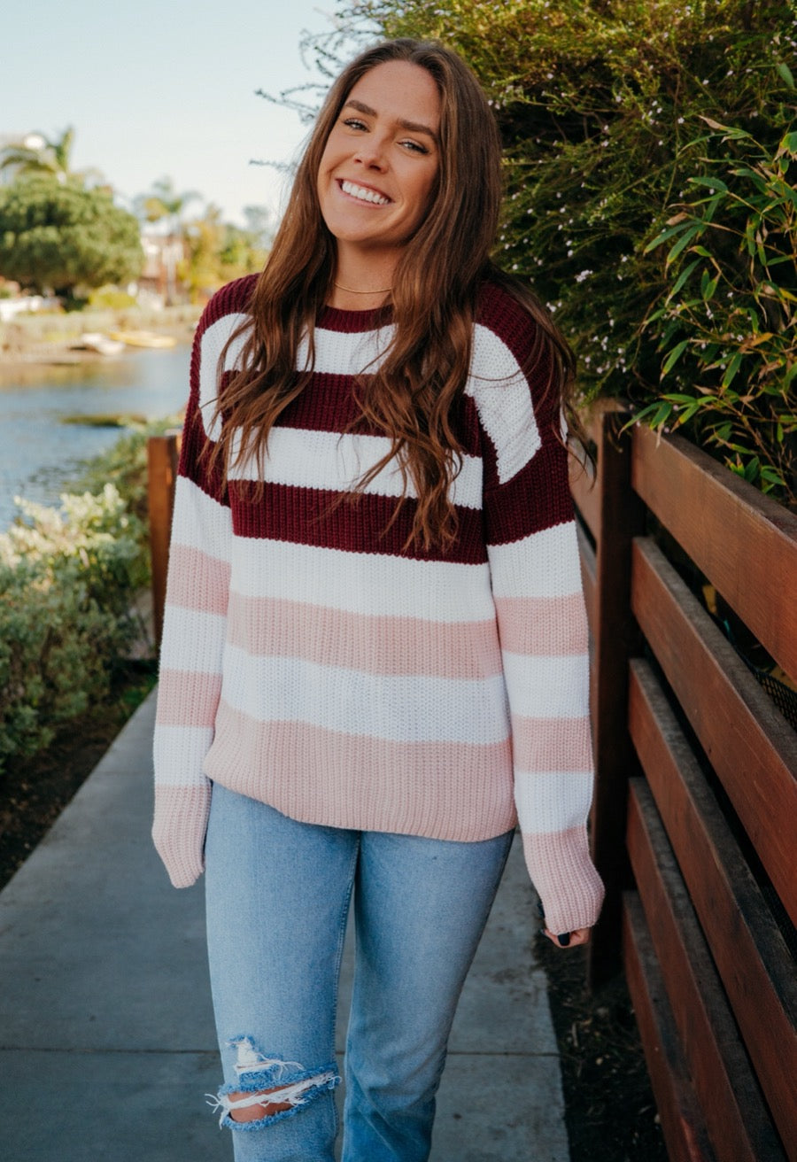 Magenta Two Tone Stripe Sweater-Dakotas Boutique