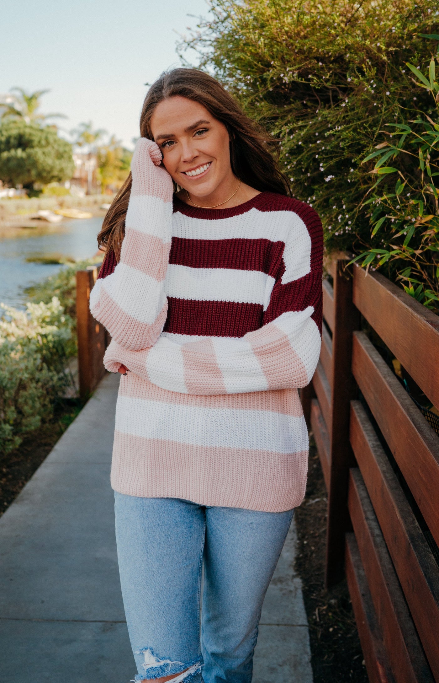 Magenta Two Tone Stripe Sweater-Dakotas Boutique