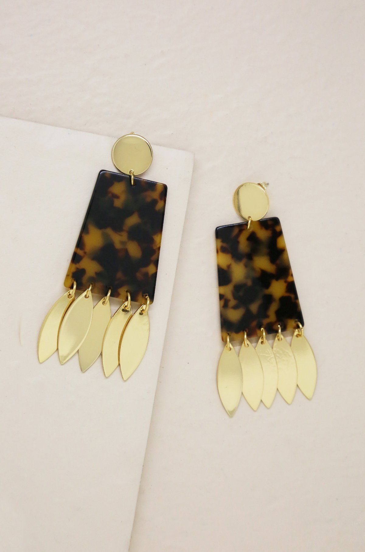 Cowbell Statement Earrings with Tortoise Resin and Gold Petal Charms-Dakotas Boutique