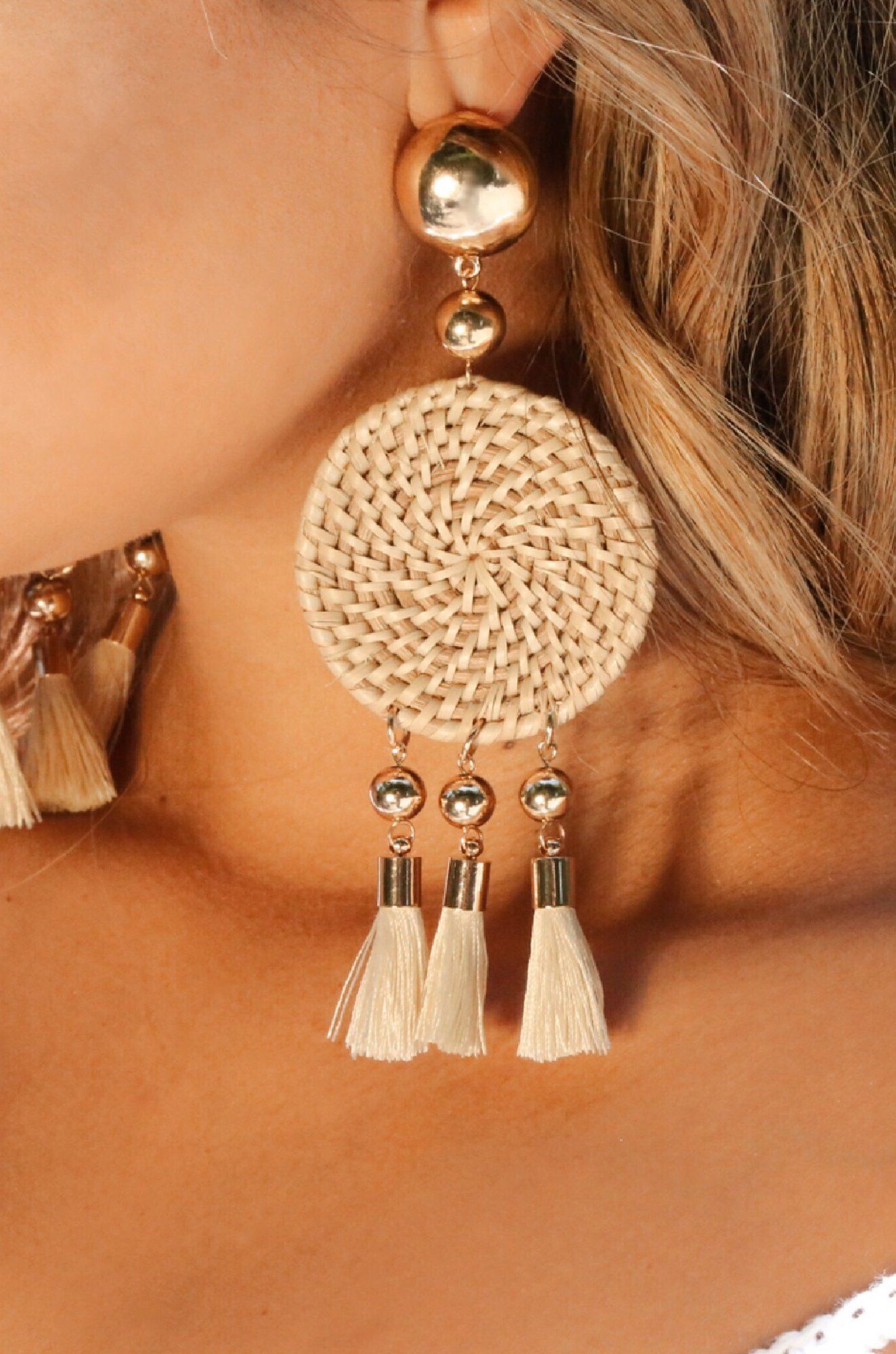 Boho Woven Earrings with Cream Tassels and Gold-Dakotas Boutique