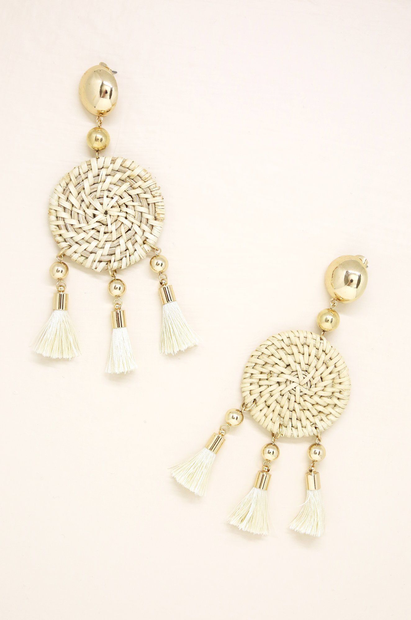 Boho Woven Earrings with Cream Tassels and Gold-Dakotas Boutique
