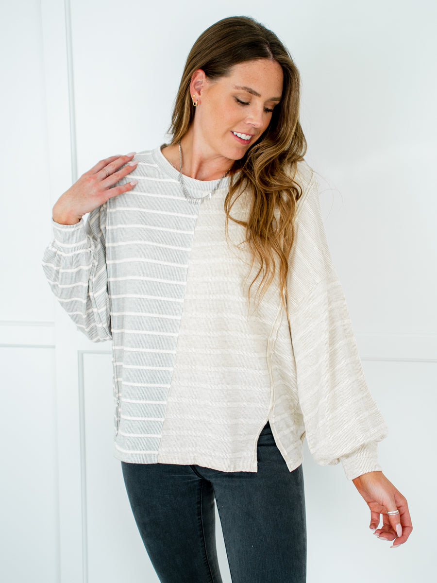 Gray and Taupe Striped Shirt-Dakotas Boutique