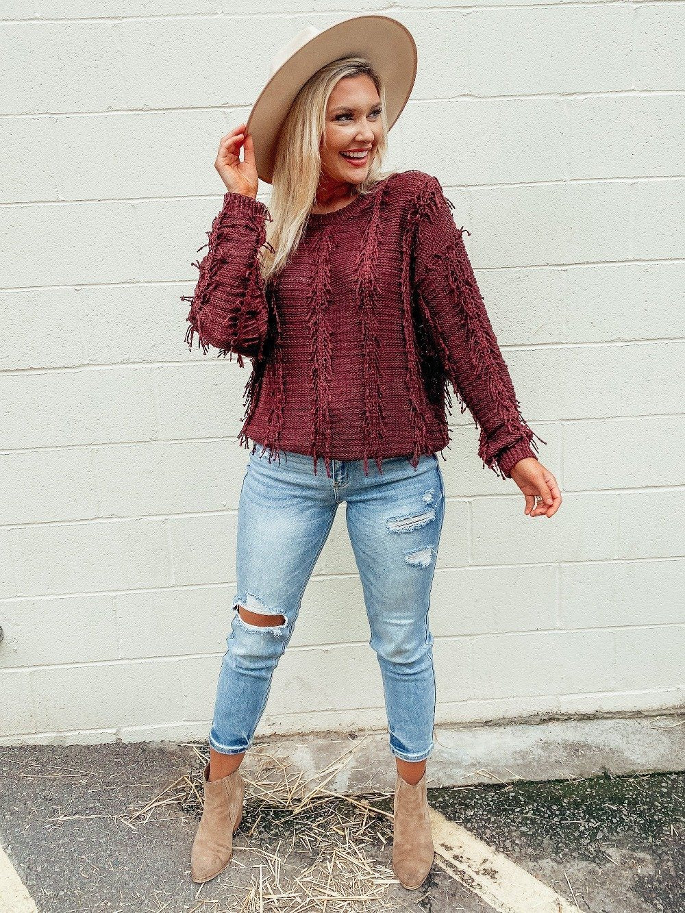 Cassie Fringe Plum Sweater-Dakotas Boutique