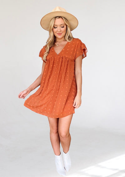 Orange Embossed Polka Dot Mini Dress-Dakotas Boutique