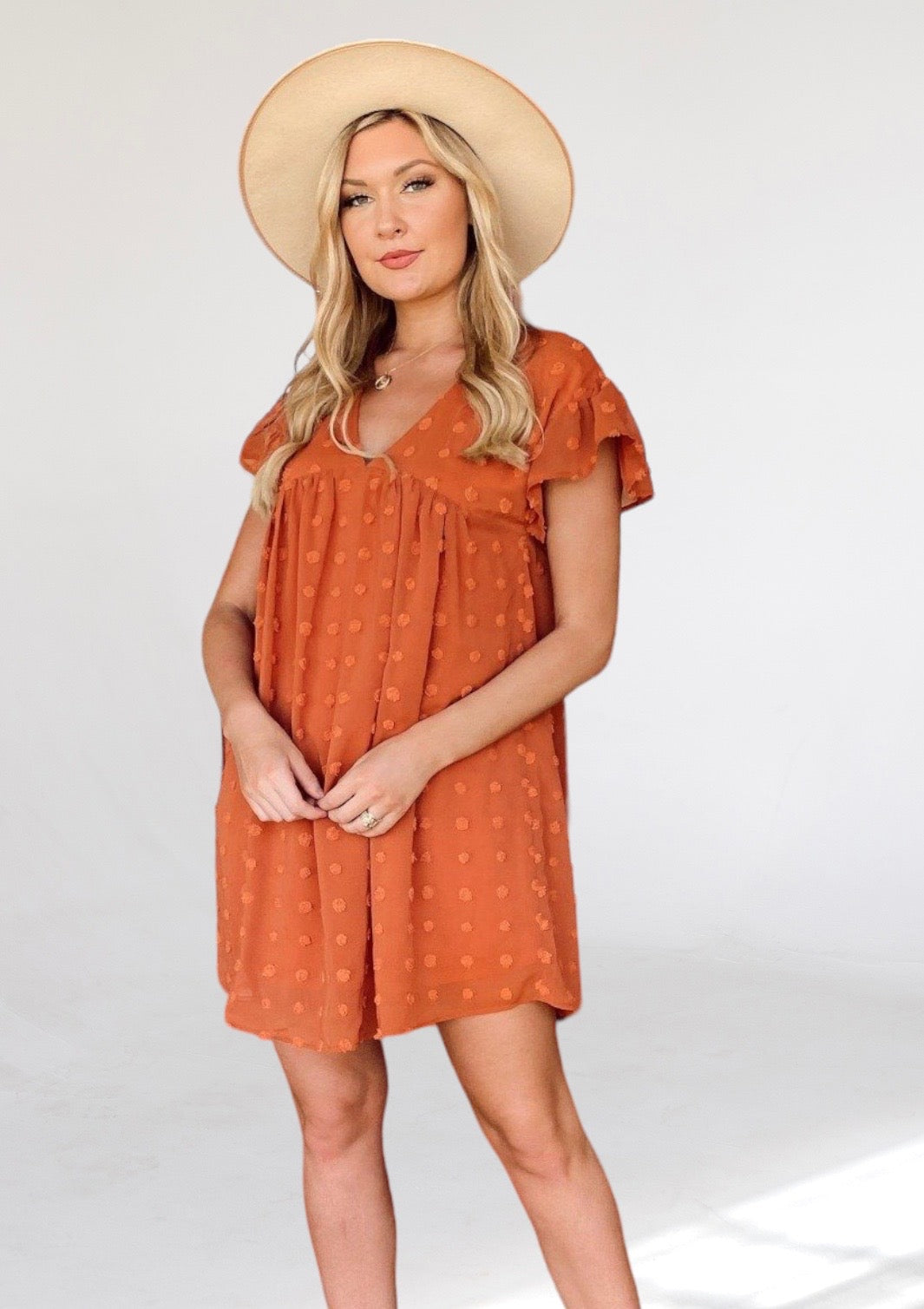 Orange Embossed Polka Dot Mini Dress-Dakotas Boutique