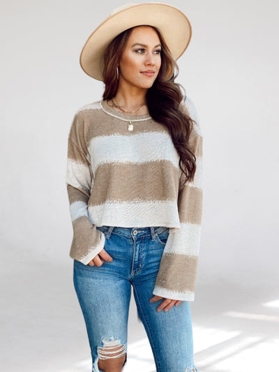 Latte Beige and White Striped Long Sleeve Top