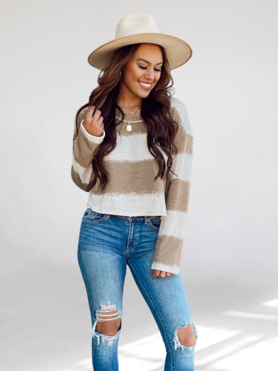Latte Tan and White Striped Bell Long Sleeve Top