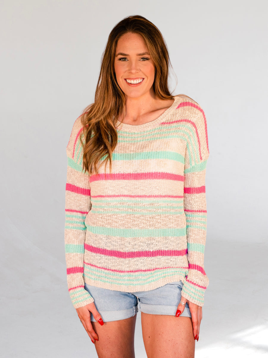Mint Green and Pink Striped Beige Knit Sweater