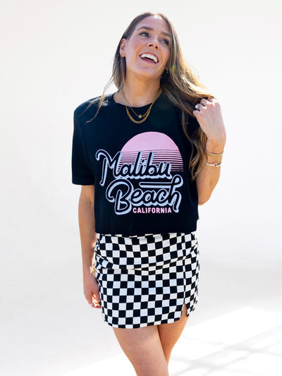 Malibu Beach Pink and Black Short Sleeve Crop Graphic Tee