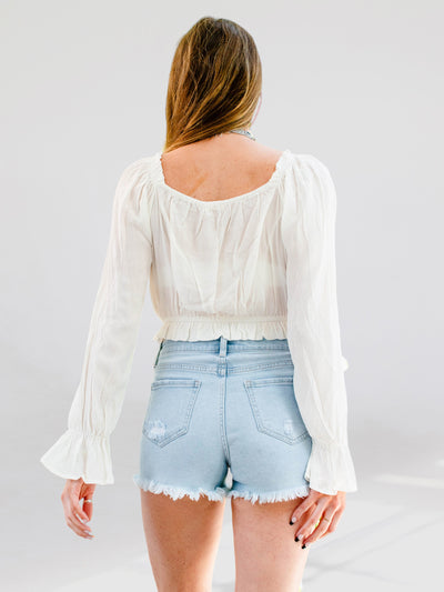 Aiden White Long Sleeve Ruched Crop Top
