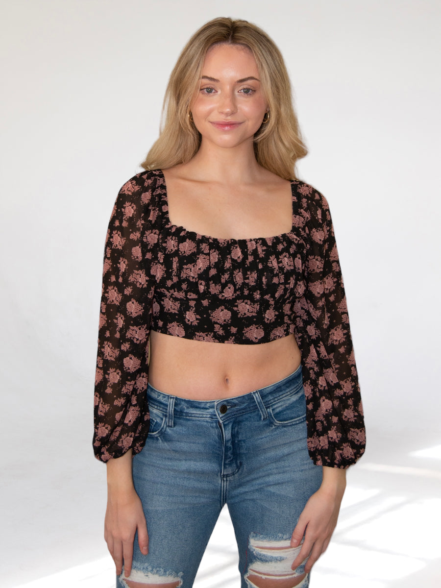 Steal Your Heart Black and Pink Floral Crop Top-Dakotas Boutique