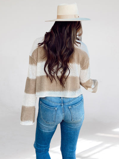 Latte Beige and White Striped Long Sleeve Top