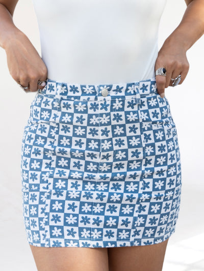 Flower Power Blue and White Checkered Skirt