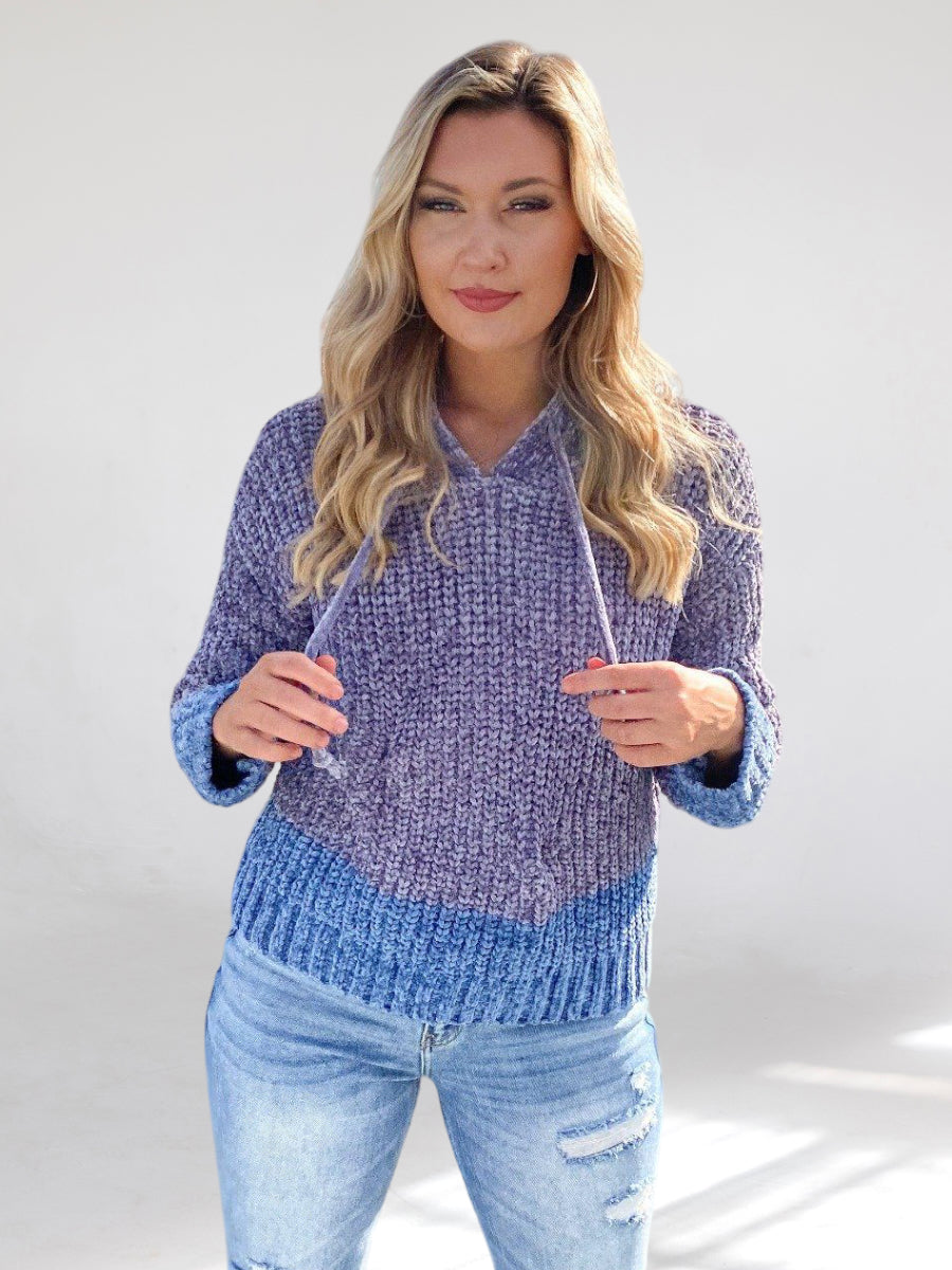 Blue Chenille Knit Hoodie Sweater