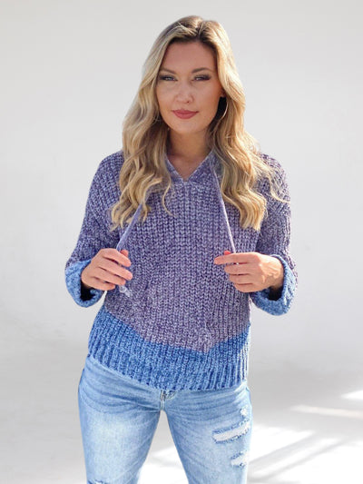 Blue Chenille Knit Hoodie Sweater