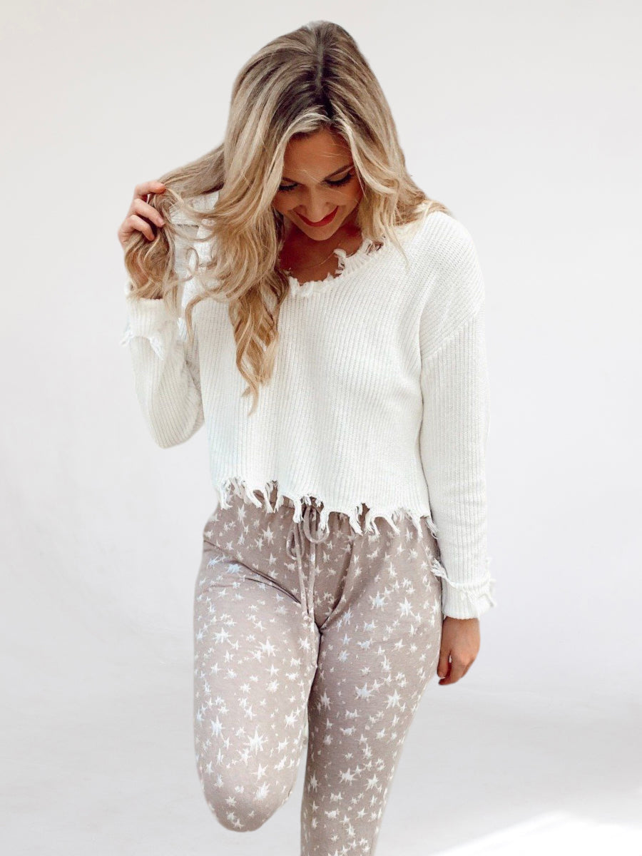 Distressed Cropped Off-White Sweater