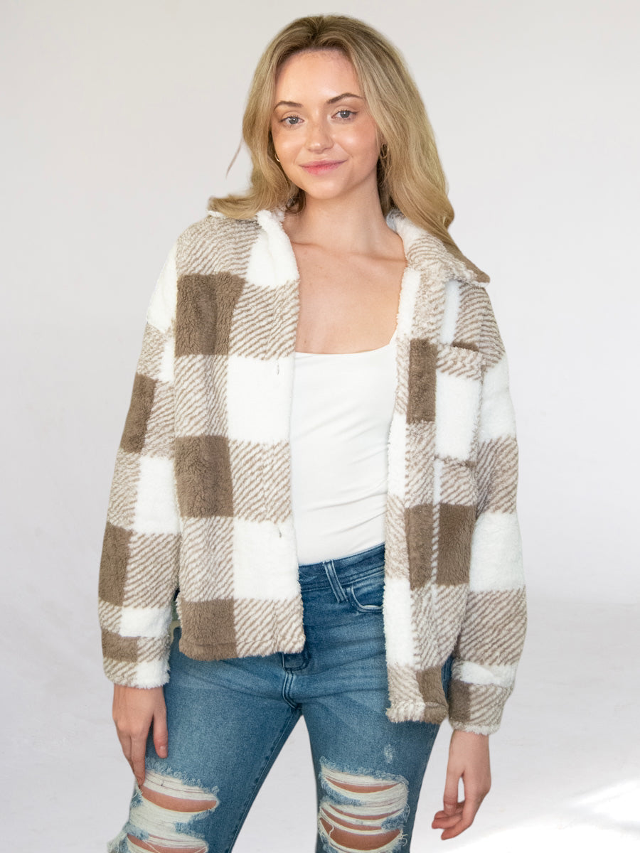 White Mocha Plaid Fleece Fuzzy Shacket-Dakotas Boutique