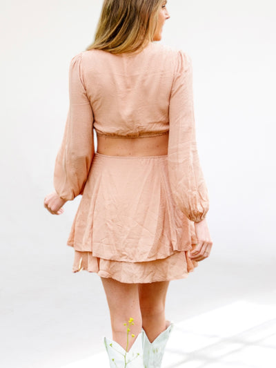 Jackie Jacquard Peach Long Sleeve Cut Out Dress