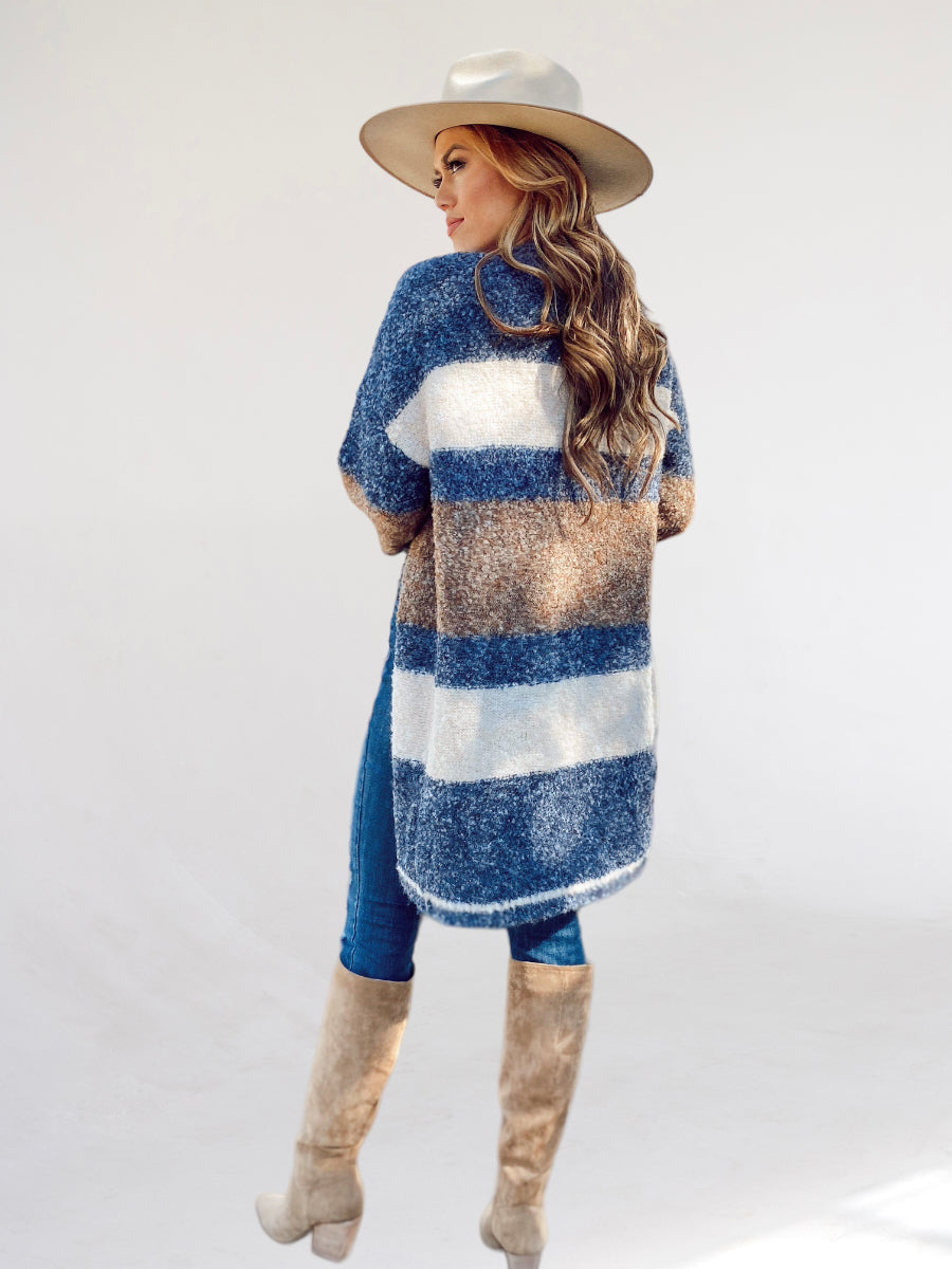 Navy and Brown Long Cardigan Sweater