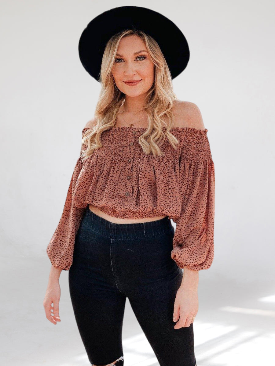 Off the Shoulder Spotted Brown Crop Top