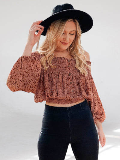 Off the Shoulder Spotted Brown Crop Top