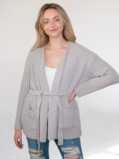 Light Grey Belted Cardigan Sweater-Dakotas Boutique