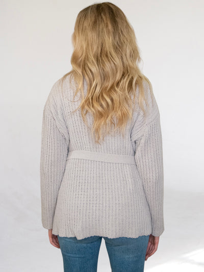 Light Grey Belted Cardigan Sweater-Dakotas Boutique