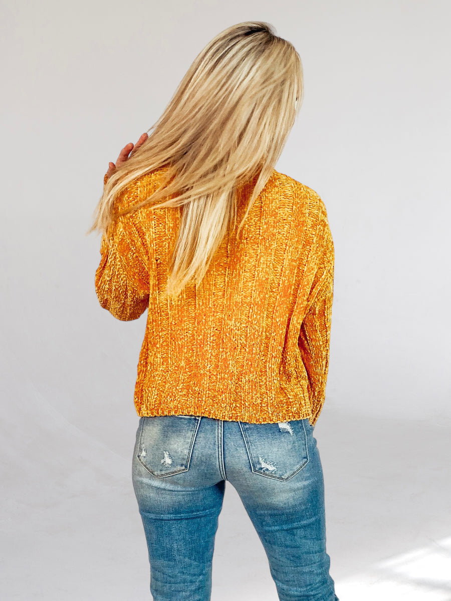 Marigold Crushed Velvet Turtleneck Sweater